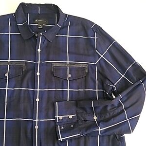 INC Western Snap Button With Faux Leather Detail Plaid Shirt Blue Black XXL